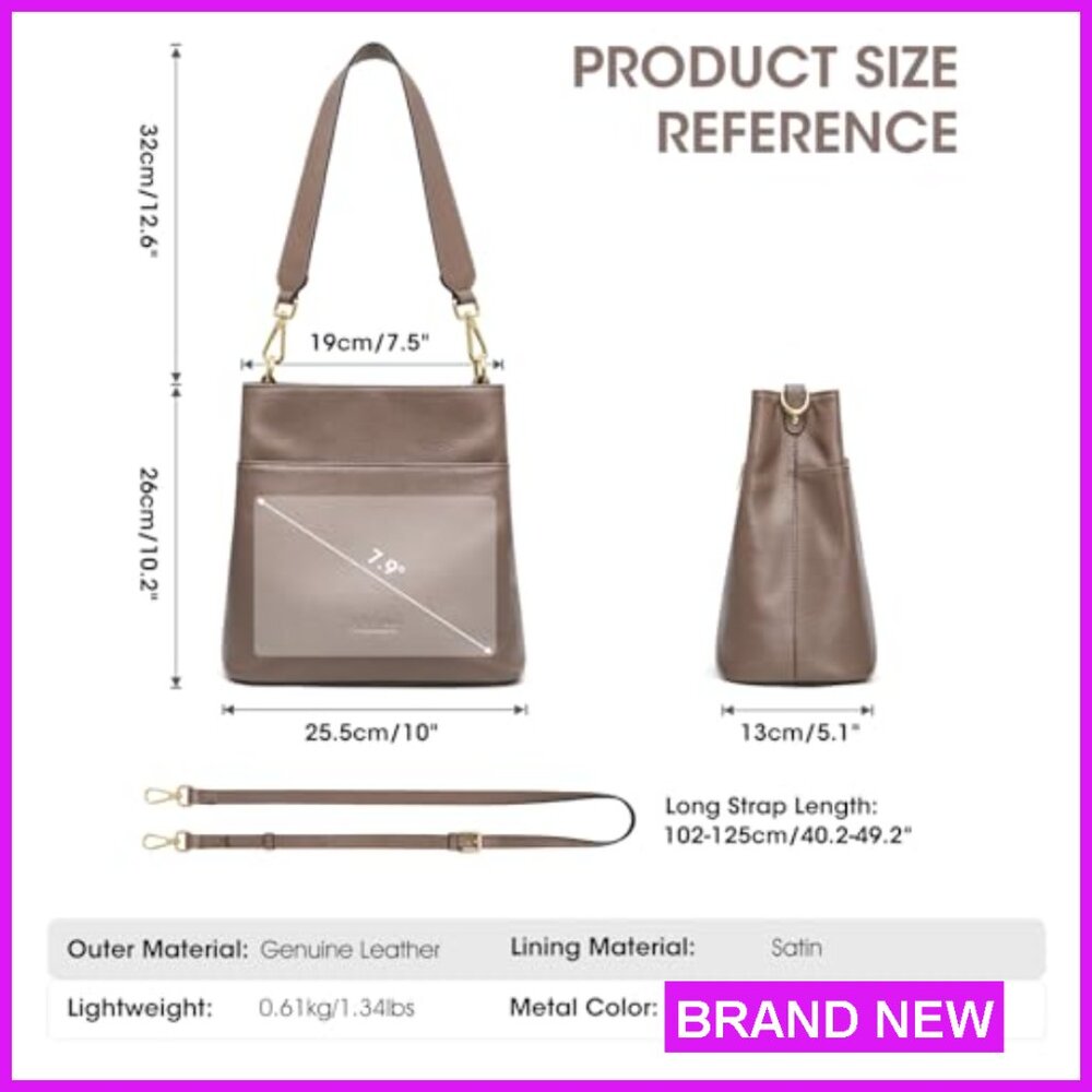 Leather Bucket Bag with Detachable Straps Versatile Shoulder Crossbody Tote - Picture 4 of 5